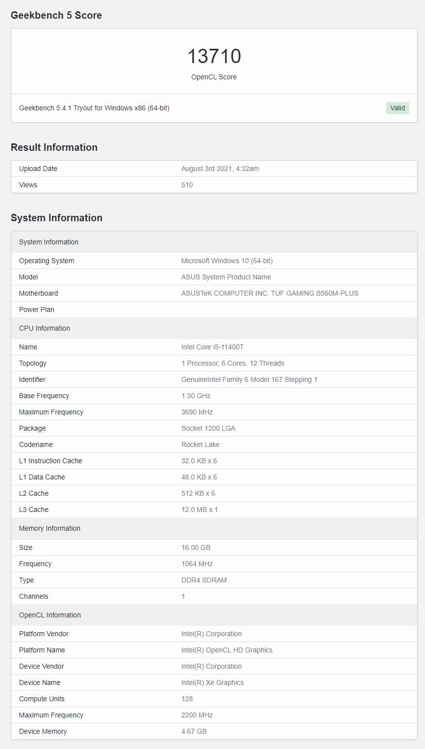 Fuite d'Intel DG2 Geekbench 5