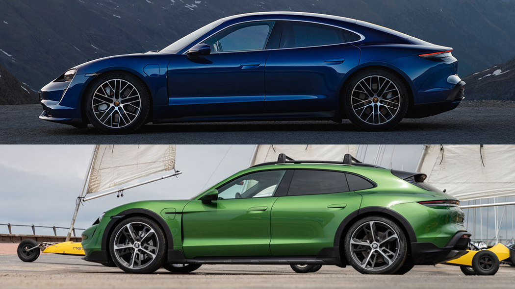 Porsche Tycan (en haut) VS Porsche Tycan Cross Turismo (en bas)